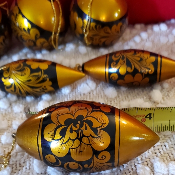 Vntg Russian "Khokhloma" Wooden, Hand Painted Christmas Ornaments, 8 Blk/Gold - Picture 12 of 16